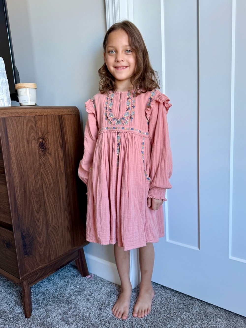 Louise Misha Pink Long-Sleeve Embroidered Ruffle Dress